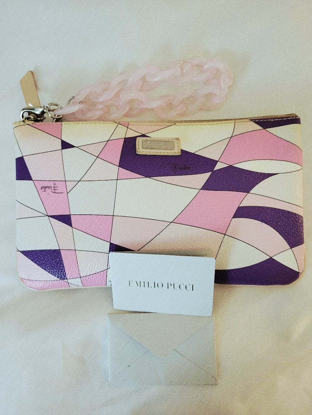 Emilio Pucci Leather Geometric Print Zip Pouch Clutch Bag 9x5